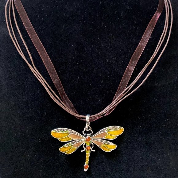 Spring Multicolor Dragonfly Rhinestone Pendant Organza Cord Adjustable Necklace - Picture 11 of 15